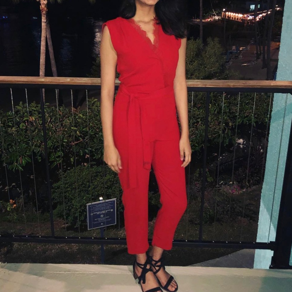 Mango Suit Red V Neck Sleeveless Jumpsuit